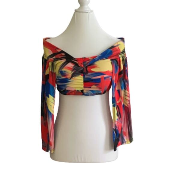 Top Off Shoulder Open Butterfly Sleeves Vivid Multicolor Crop Top Medium - Picture 1 of 14
